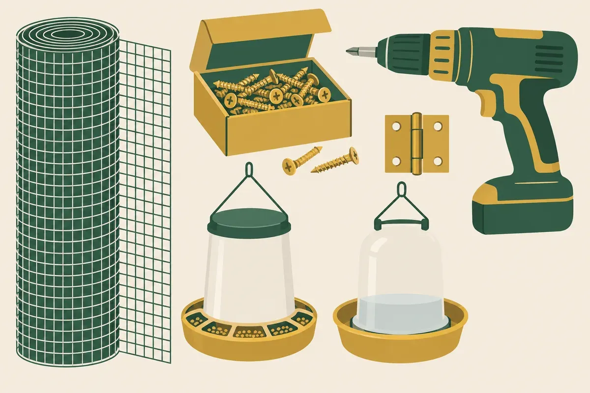 Hardware cloth, exterior screws and coop hardware laid out on a workbench