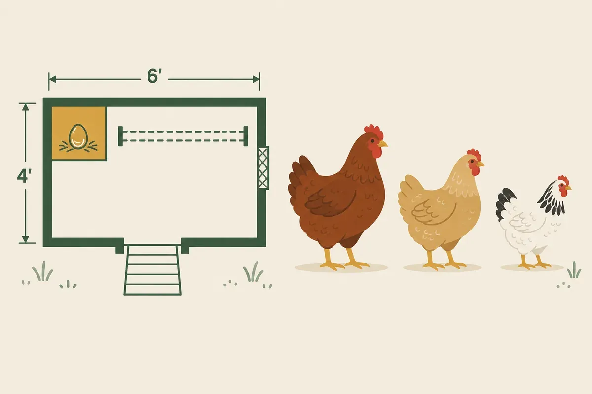 Dimensioned coop floor plan drawing next to hens, illustrating the free Coop Size Planner tool